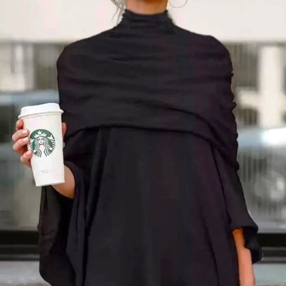 BLACK HIGH NECK Sweater Asymmetrical WRAP Cape Ladies LARGE NEW - Picture 1 of 3